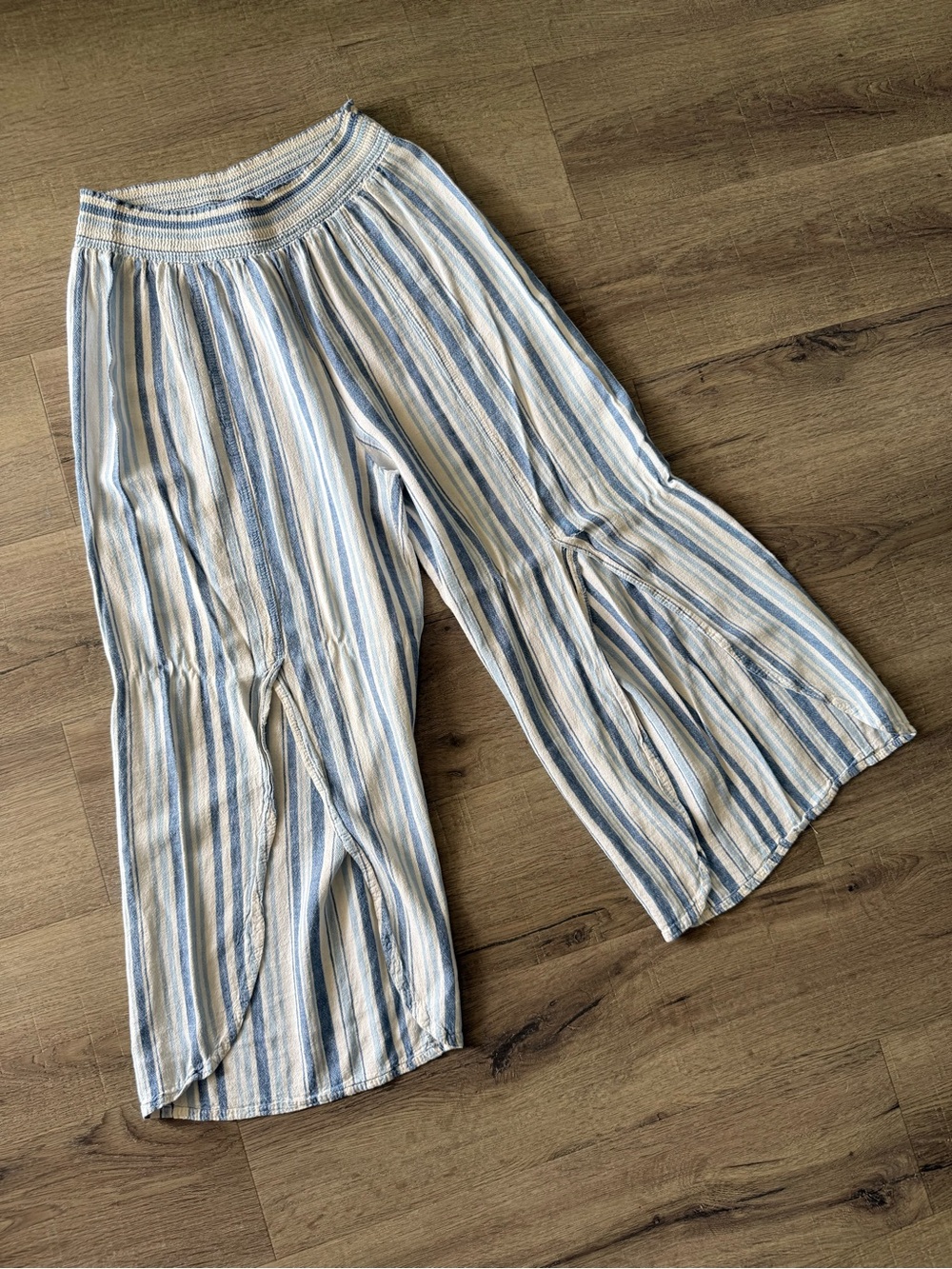 Striped Wide-Leg Crop Pants with Smocked Waist in Blue and Cream